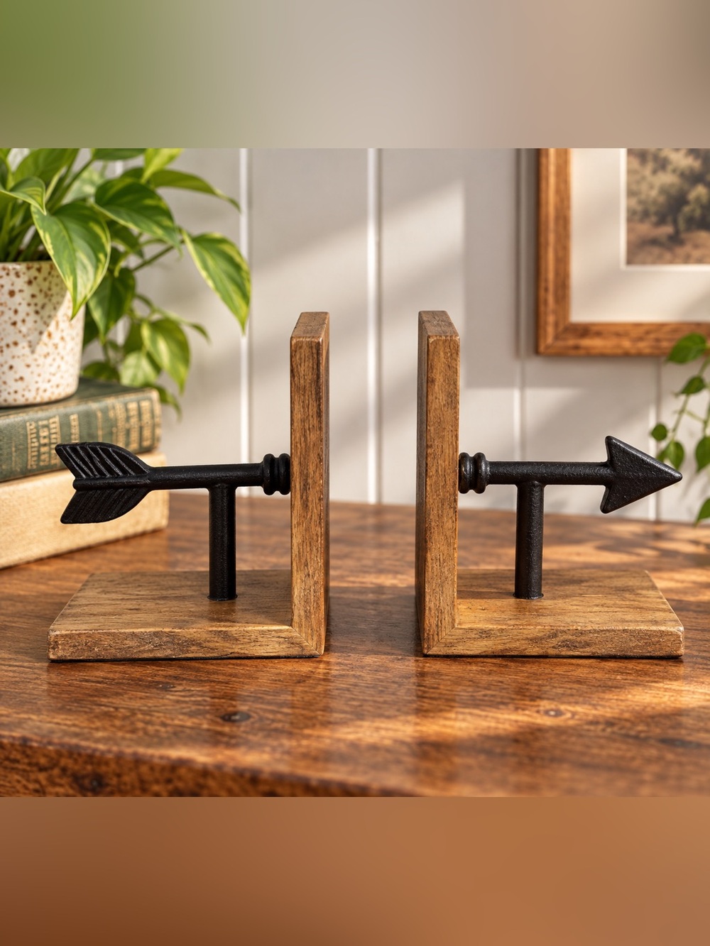 Wood and Cast Iron Arrow Bookends